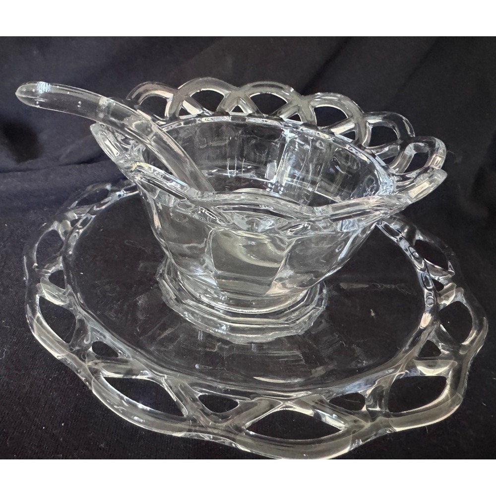 Vintage Clear Glass Mayonnaise Set Lace Edge Bowl Underplate Ladle 3pc Sauce Set